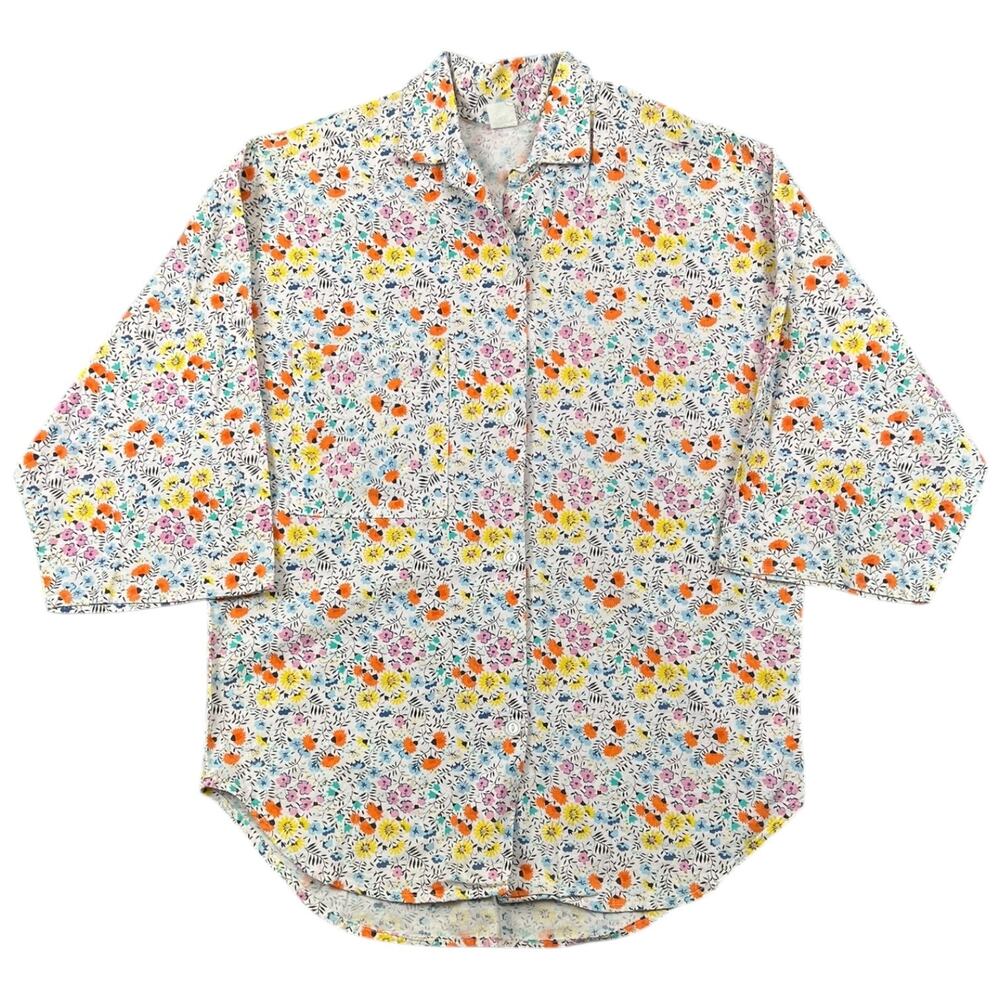 Vintage Floral Cotton Button Front Blouse White Multicolor Cottagecore - M